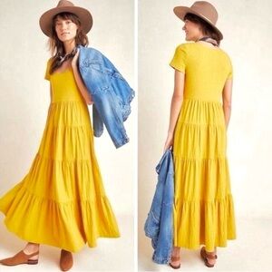 Maeve Anthro Gillian Tiered stretchy knit Mustard Yellow Maxi Dress